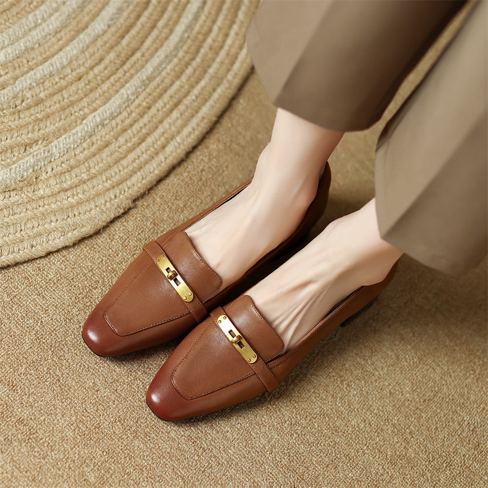 Thérèse Villeneuve | Brown Genuine Leather Low Block Heel Loafers