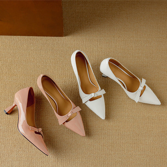 Camille Beaumont | Blush Patent Bow Detail Kitten Heel Pump
