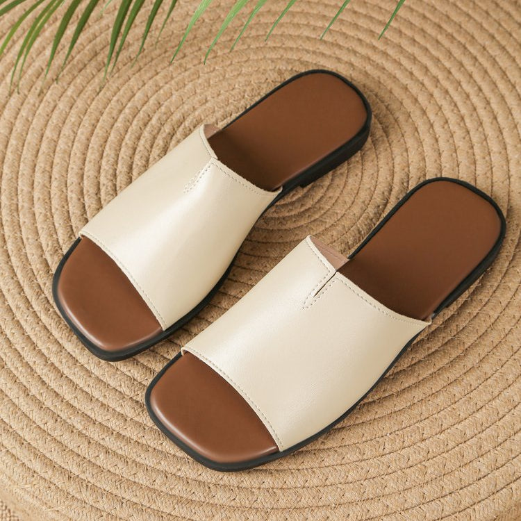 Margolaine Dubreuil | Black Faux Leather Flat Slide Sandals