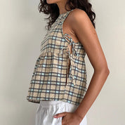 Lorraine Castellfort | Plaid Sleeveless Peplum Tank Top with Bow Ties