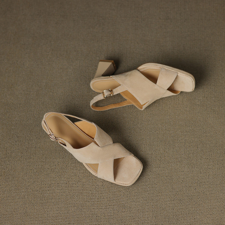 Elspeth Cavendish | Suede Cross-Strap Block Heel Sandals