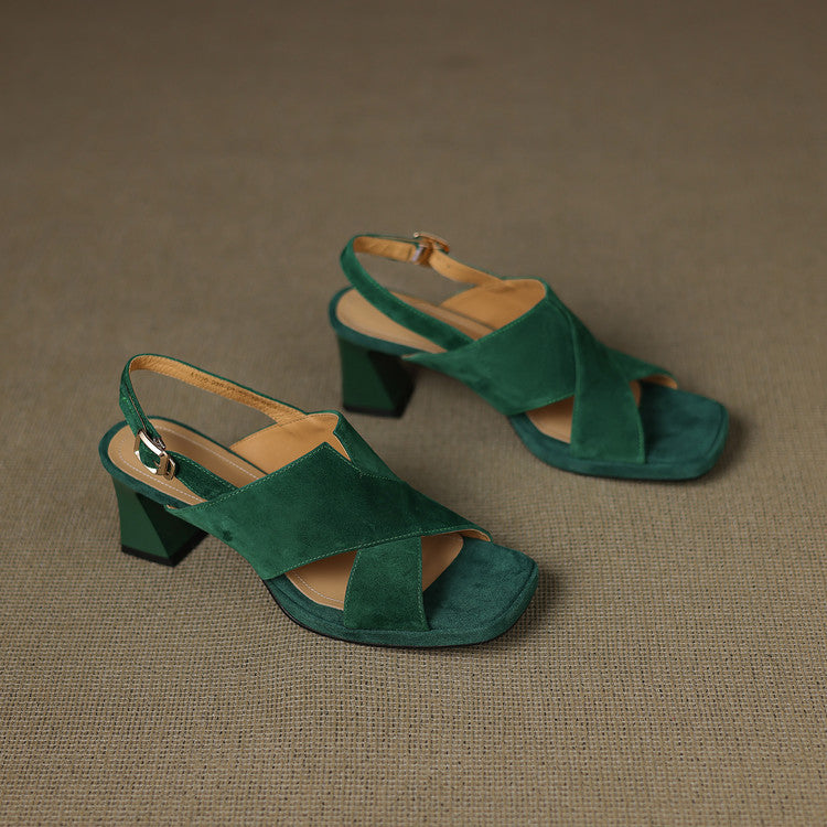 Elspeth Cavendish | Suede Cross-Strap Block Heel Sandals