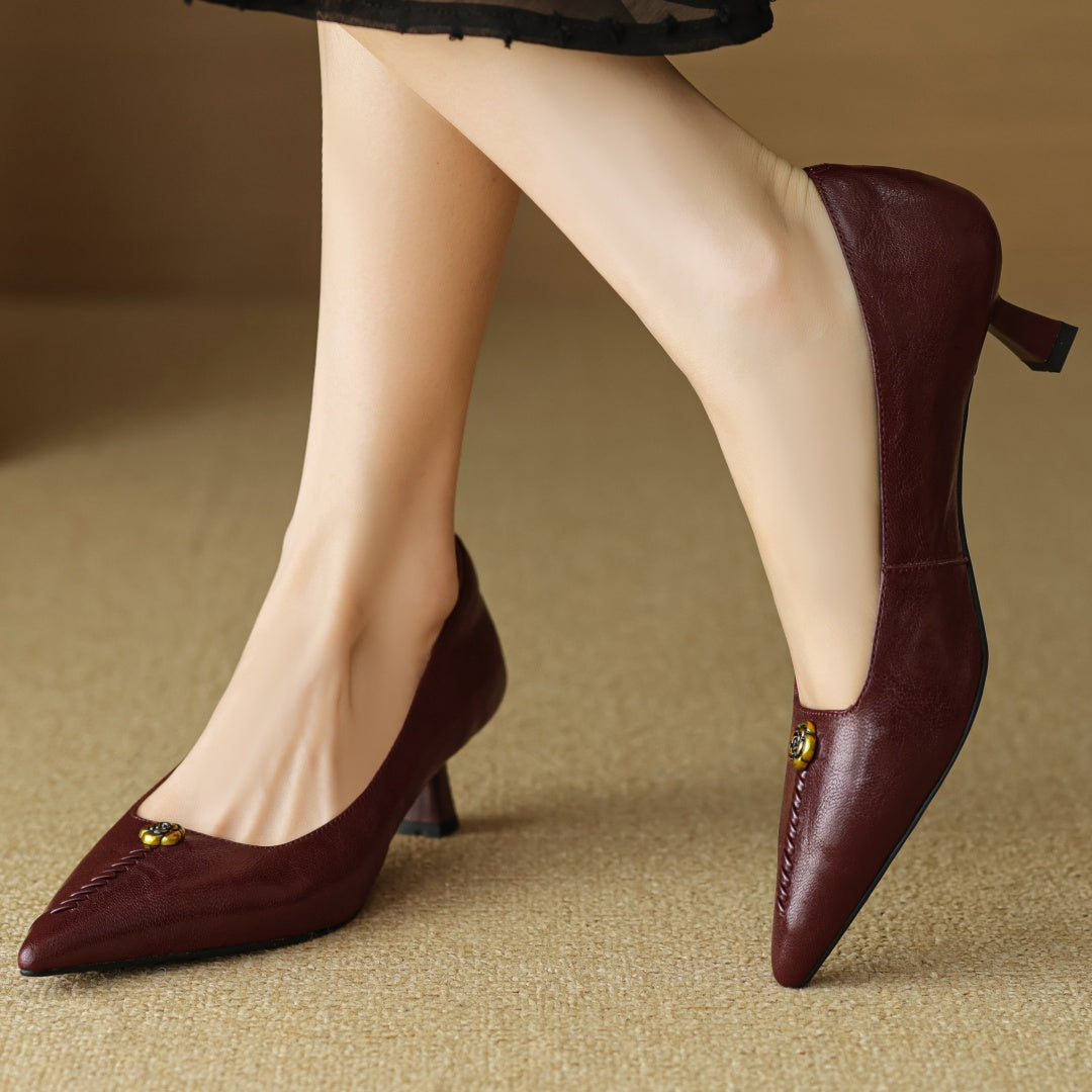 Violette Sanscourt | Burgundy Leather Pointed-Toe Heels with Gold Rose Detail