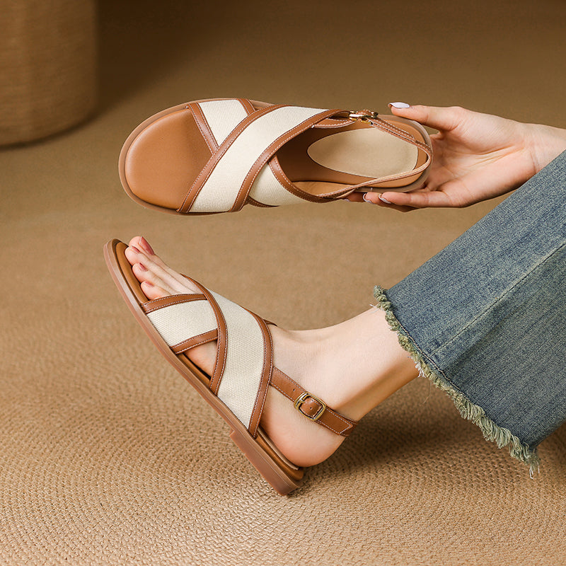 Lucienne Favreau | Leather Cross-Strap Slingback Flat Sandals