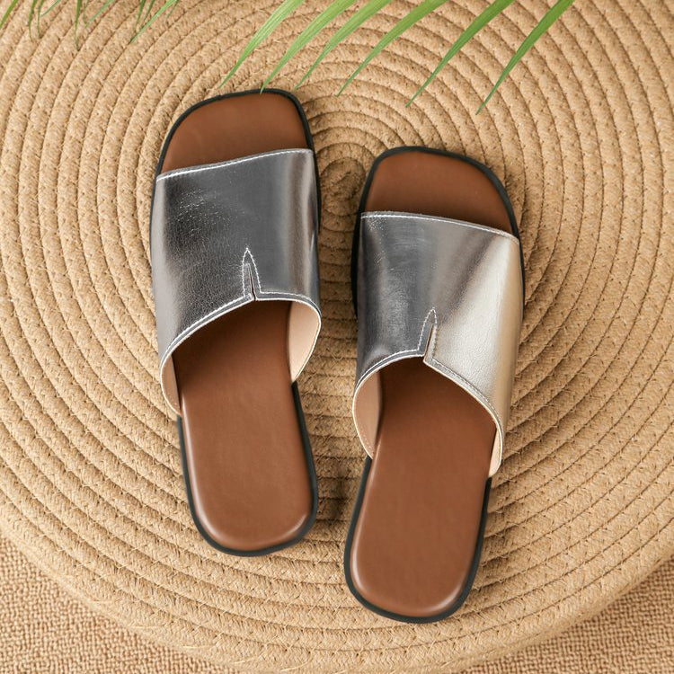 Margolaine Dubreuil | Black Faux Leather Flat Slide Sandals