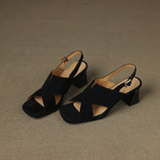 Elspeth Cavendish | Suede Cross-Strap Block Heel Sandals