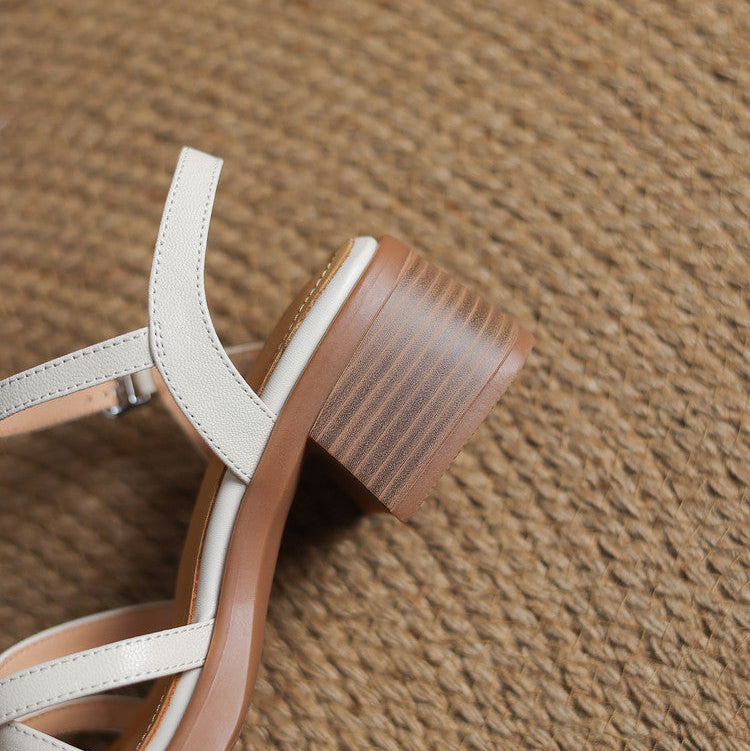 Rosalinde Caverton | Cream Leather Strappy Block Heel Sandals