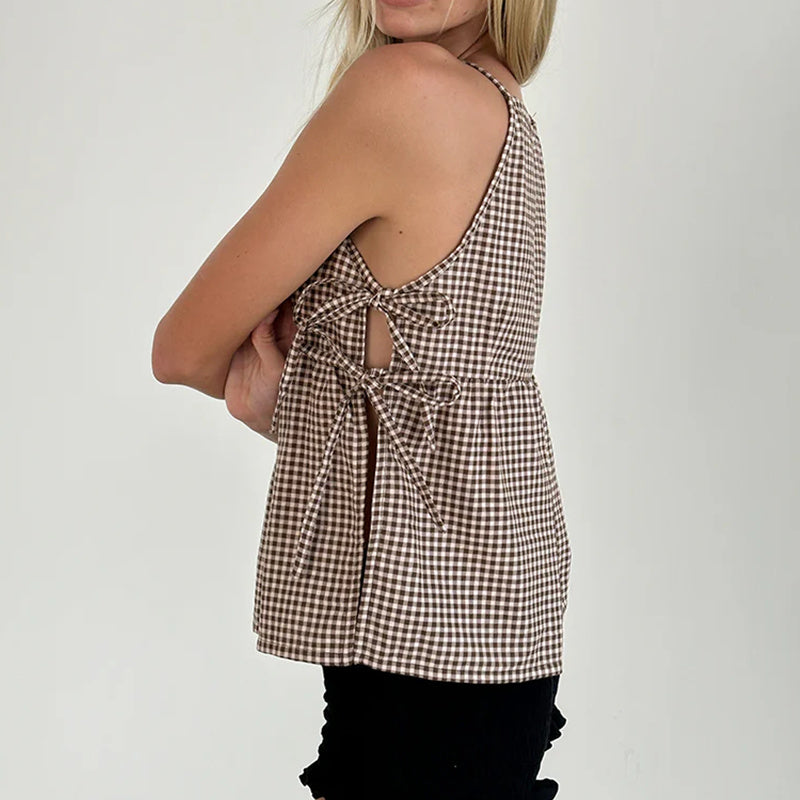 Lorraine Castellfort | Plaid Sleeveless Peplum Tank Top with Bow Ties