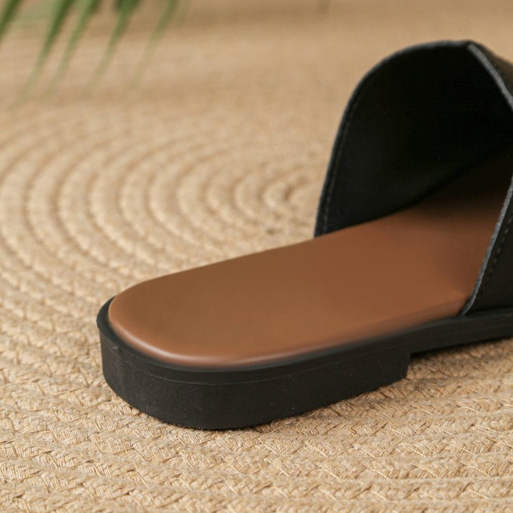 Margolaine Dubreuil | Black Faux Leather Flat Slide Sandals
