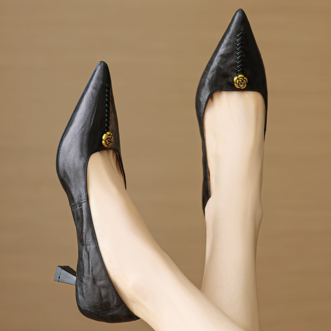 Violette Sanscourt | Burgundy Leather Pointed-Toe Heels with Gold Rose Detail