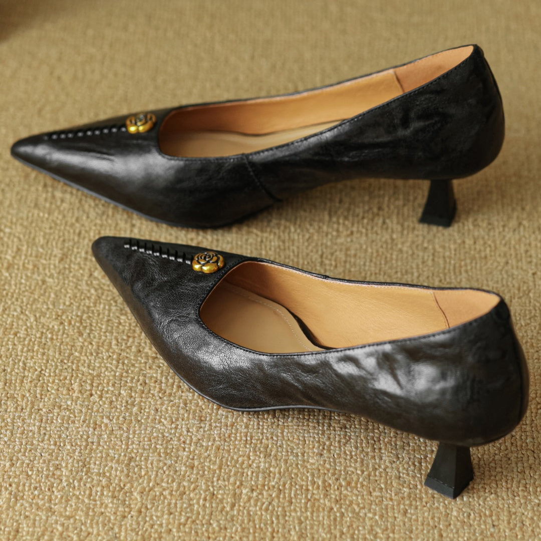 Violette Sanscourt | Burgundy Leather Pointed-Toe Heels with Gold Rose Detail