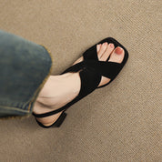 Elspeth Cavendish | Suede Cross-Strap Block Heel Sandals