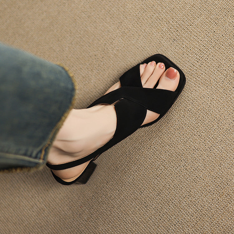 Elspeth Cavendish | Suede Cross-Strap Block Heel Sandals