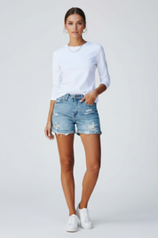 Natalie Forsbrook | High-Rise Distressed Denim Shorts in Light Blue