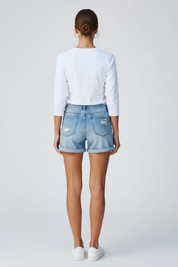 Natalie Forsbrook | High-Rise Distressed Denim Shorts in Light Blue