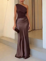Vivienne Caldecourt | Brown One-Shoulder Pleated Satin Maxi Dress