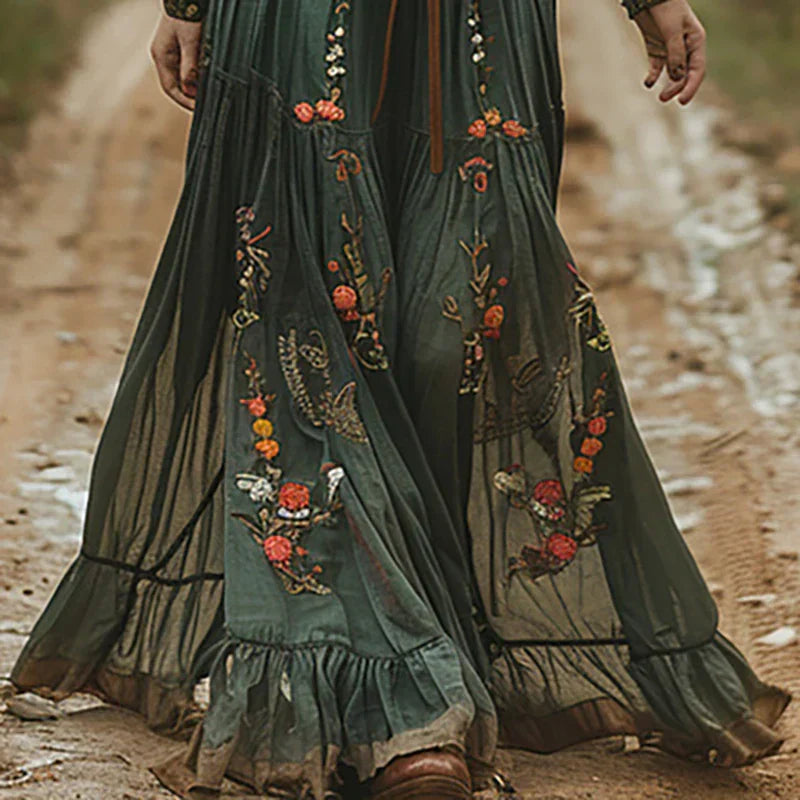 Alessandrina Voclaire | Bohemian Floral Embroidered Maxi Dress in Forest Green
