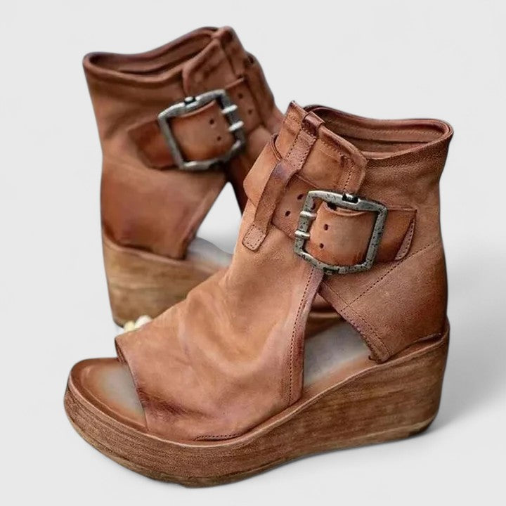 Rosalind Velthorpe | Brown Leather Wedge Buckle Boots