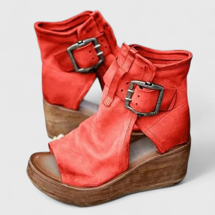 Rosalind Velthorpe | Brown Leather Wedge Buckle Boots