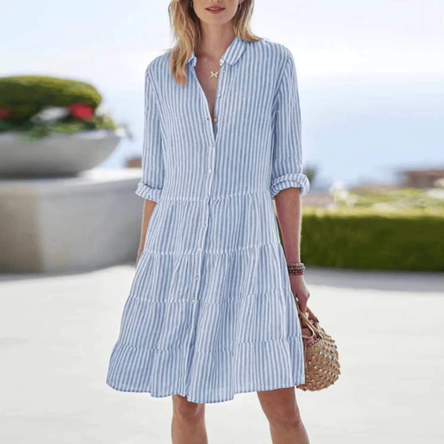 Clarissa Montveil | Blue Striped A-Line Tiered Shirt Dress