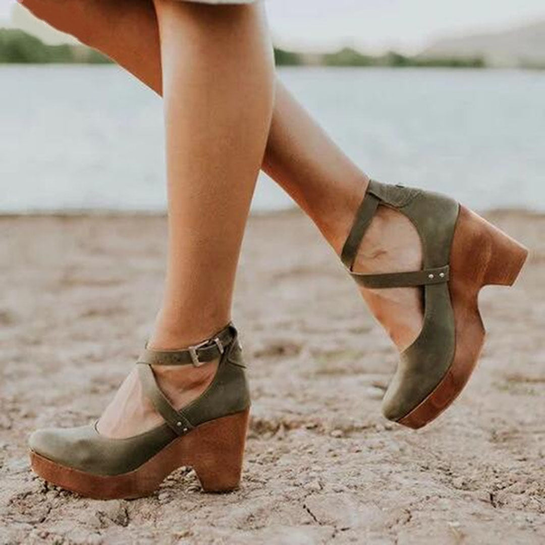Celestine Harlow | Black Closed-Toe Wedge Heels with Ankle Strap