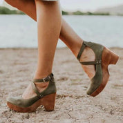Celestine Harlow | Black Closed-Toe Wedge Heels with Ankle Strap