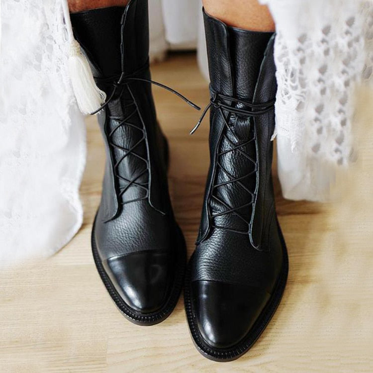 Evangeline Duskmore | Black Lace-Up Leather Combat Boots