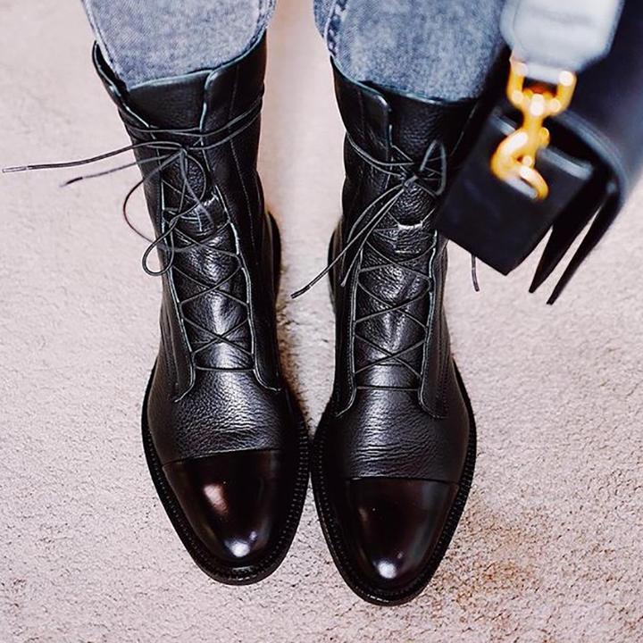Evangeline Duskmore | Black Lace-Up Leather Combat Boots