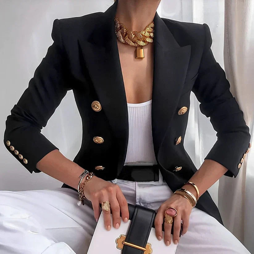 Celeste Fontmoreau | Black Double-Breasted Blazer with Gold Buttons
