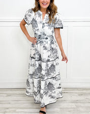 Céleste Wyndmere | Classic Toile Maxi Dress in White & Brown