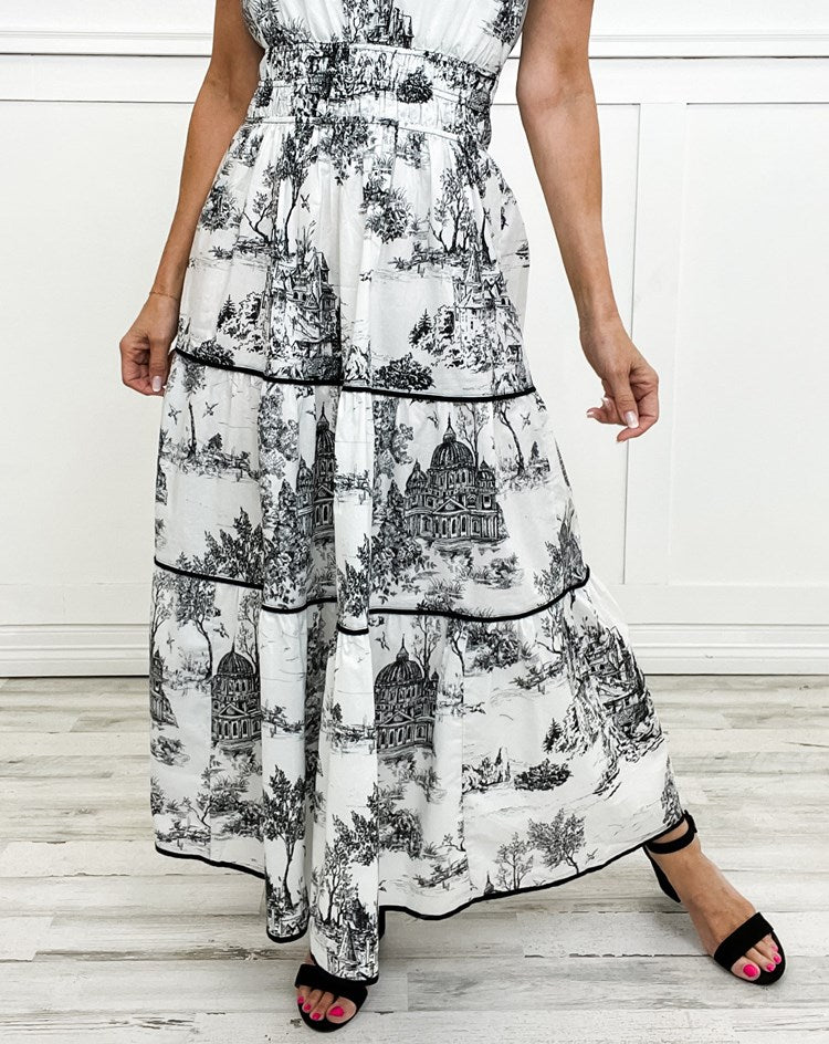 Céleste Wyndmere | Classic Toile Maxi Dress in White & Brown