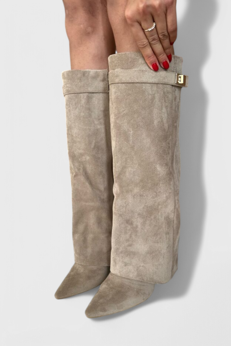 Isolde Farnsworth | Cream Suede Fold-Over Knee-High Boots