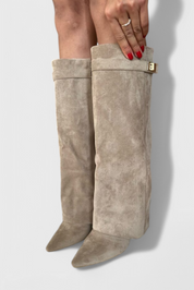 Isolde Farnsworth | Cream Suede Fold-Over Knee-High Boots
