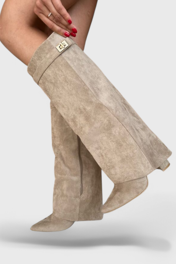 Isolde Farnsworth | Cream Suede Fold-Over Knee-High Boots