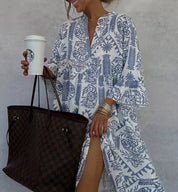 Florianne Beaumont | Blue & White Boho Print V-Neck Swing Dress
