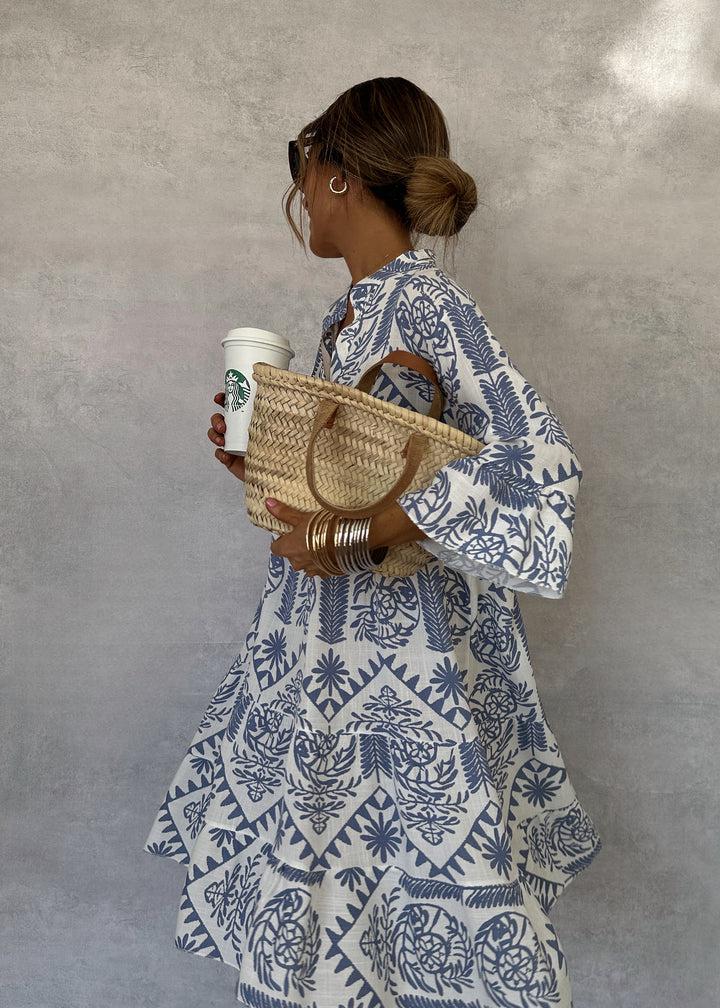 Florianne Beaumont | Blue & White Boho Print V-Neck Swing Dress