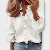 Rosalinde Beauverne | White Ruffle Front V-Neck Long Sleeve Blouse