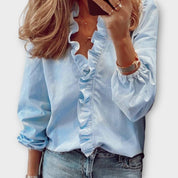 Rosalinde Beauverne | White Ruffle Front V-Neck Long Sleeve Blouse