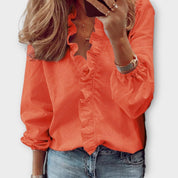 Rosalinde Beauverne | White Ruffle Front V-Neck Long Sleeve Blouse
