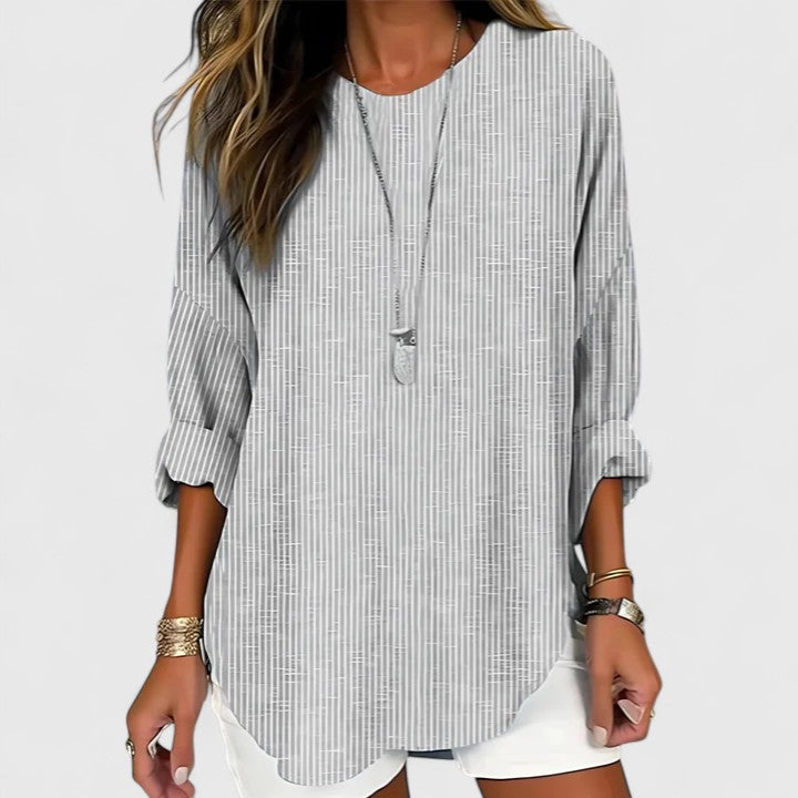 Wilhelmina Fontcrest | Relaxed Striped Crew Neck Blouse in Beige