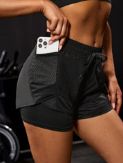 Philippa Dunmore | Black 2-in-1 Mesh Athletic Shorts with Phone Pocket