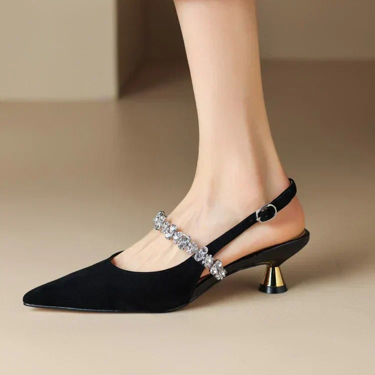 Eloise Sancerre | Silver Crystal Strap Slingback Pointed Toe Heels