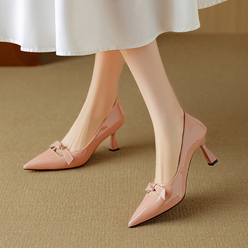 Camille Beaumont | Blush Patent Bow Detail Kitten Heel Pump