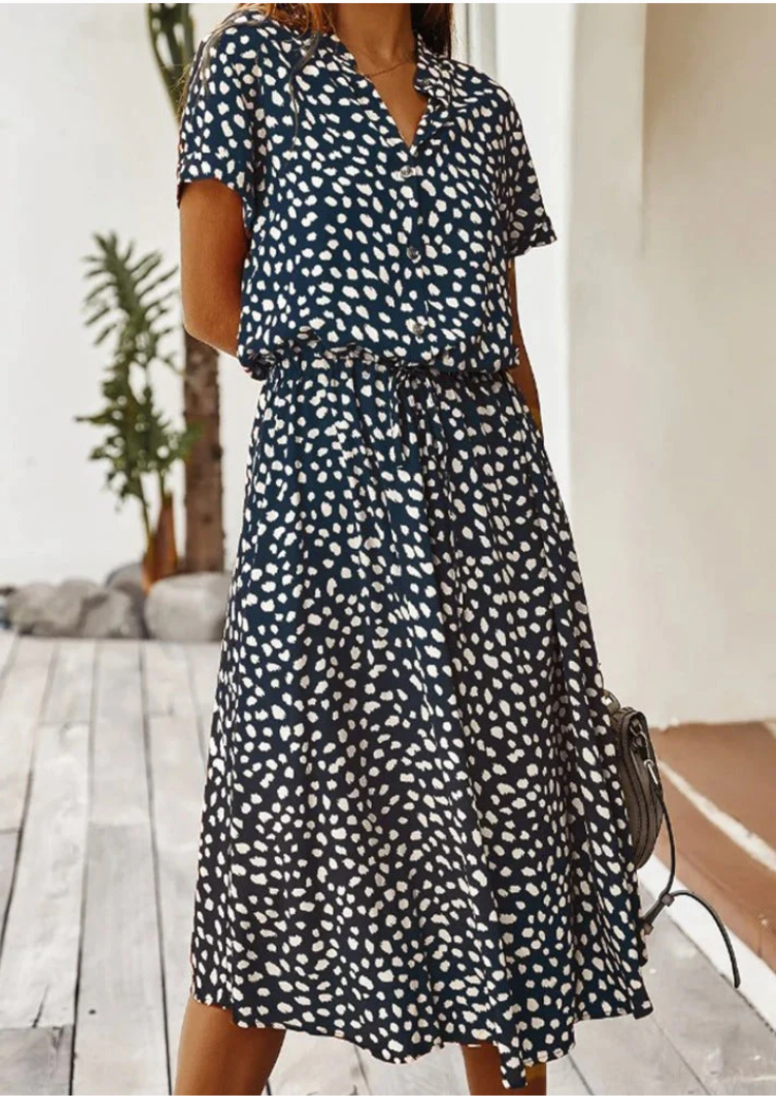 Claudette Fontainebleau | Spotted Print Button-Down Midi Dress