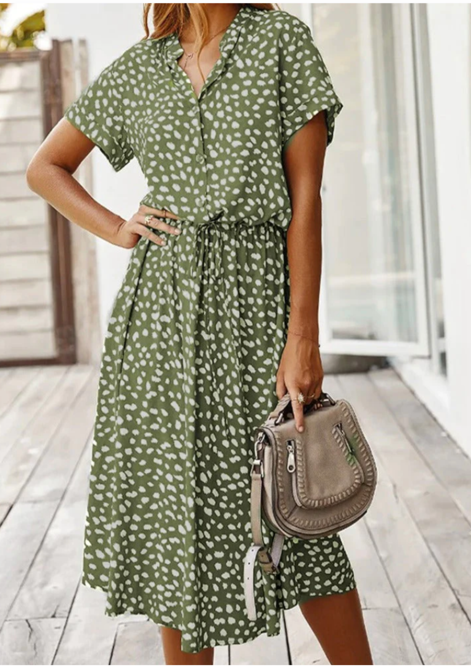 Claudette Fontainebleau | Spotted Print Button-Down Midi Dress