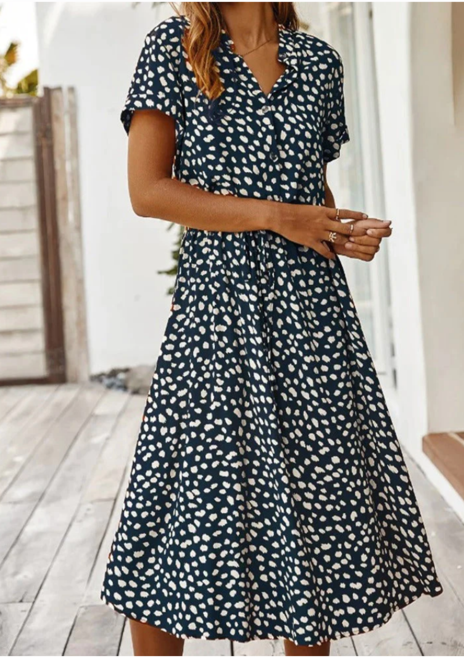 Claudette Fontainebleau | Spotted Print Button-Down Midi Dress