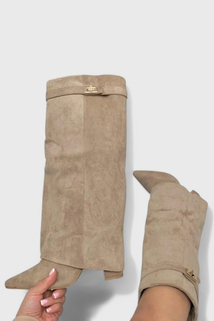 Isolde Farnsworth | Cream Suede Fold-Over Knee-High Boots