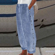 Vivienne Strandmore | Striped Linen-Cotton Button-Accent Trousers