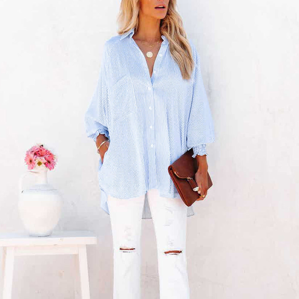 Eloise Vanbright | Oversized Blue Striped Button-Down Shirt with Smocked Cuffs