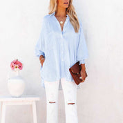 Eloise Vanbright | Oversized Blue Striped Button-Down Shirt with Smocked Cuffs